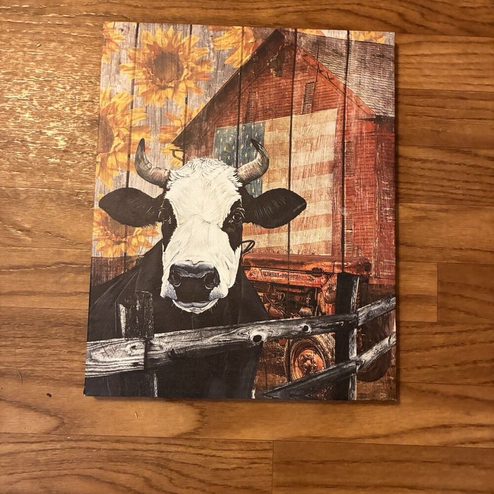 Canvas Farmhouse Picture W/ Cow, Tractor, Sunflower, Barn. Measures 13.5”x11”.